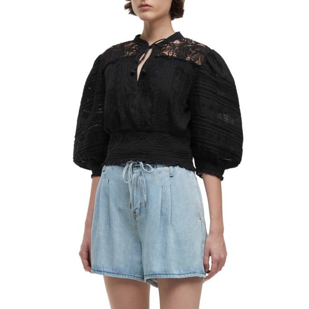 Sea‎ New York Black Eyelet Lace Puff Sleeve Smocked Blouse NWT Size L